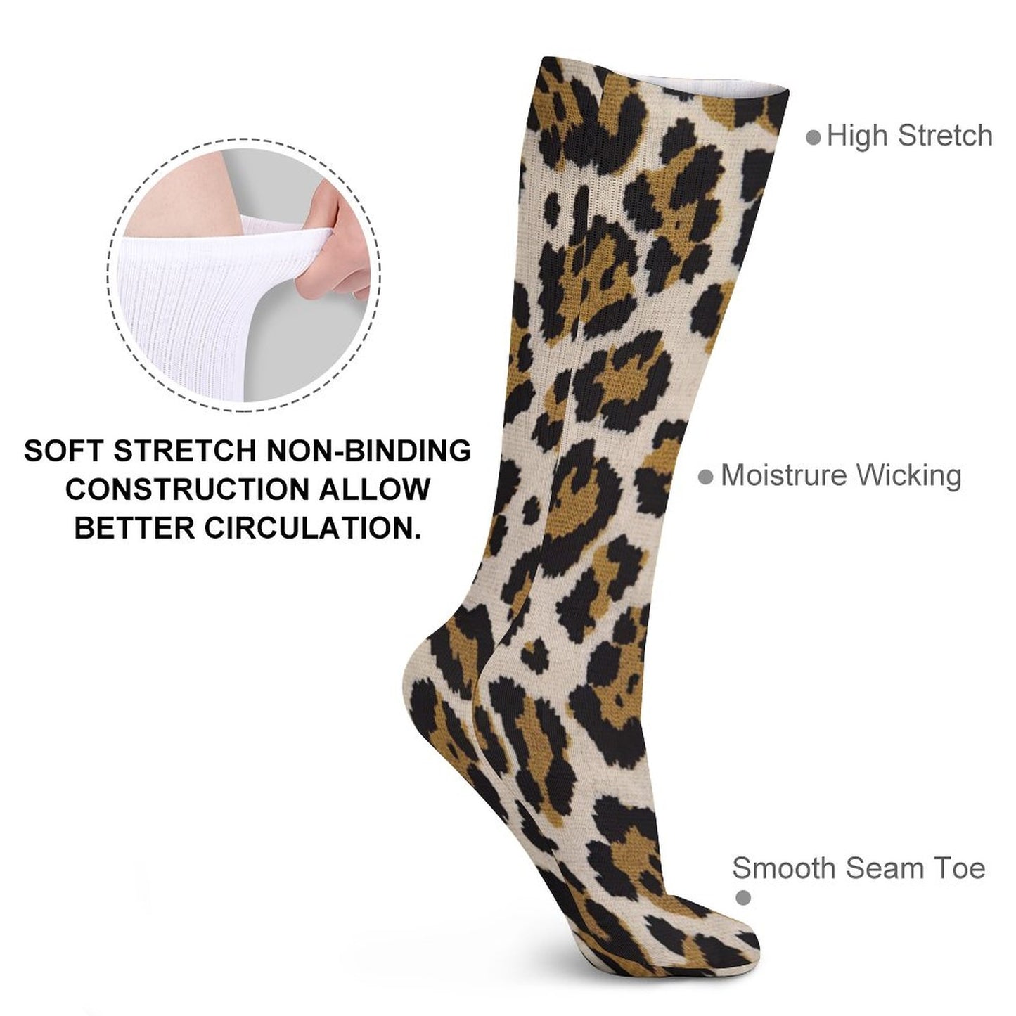 Chaussettes montantes léopard beige – respirantes, anti-glisse & confort mollets – impression all-over | Big Smiles