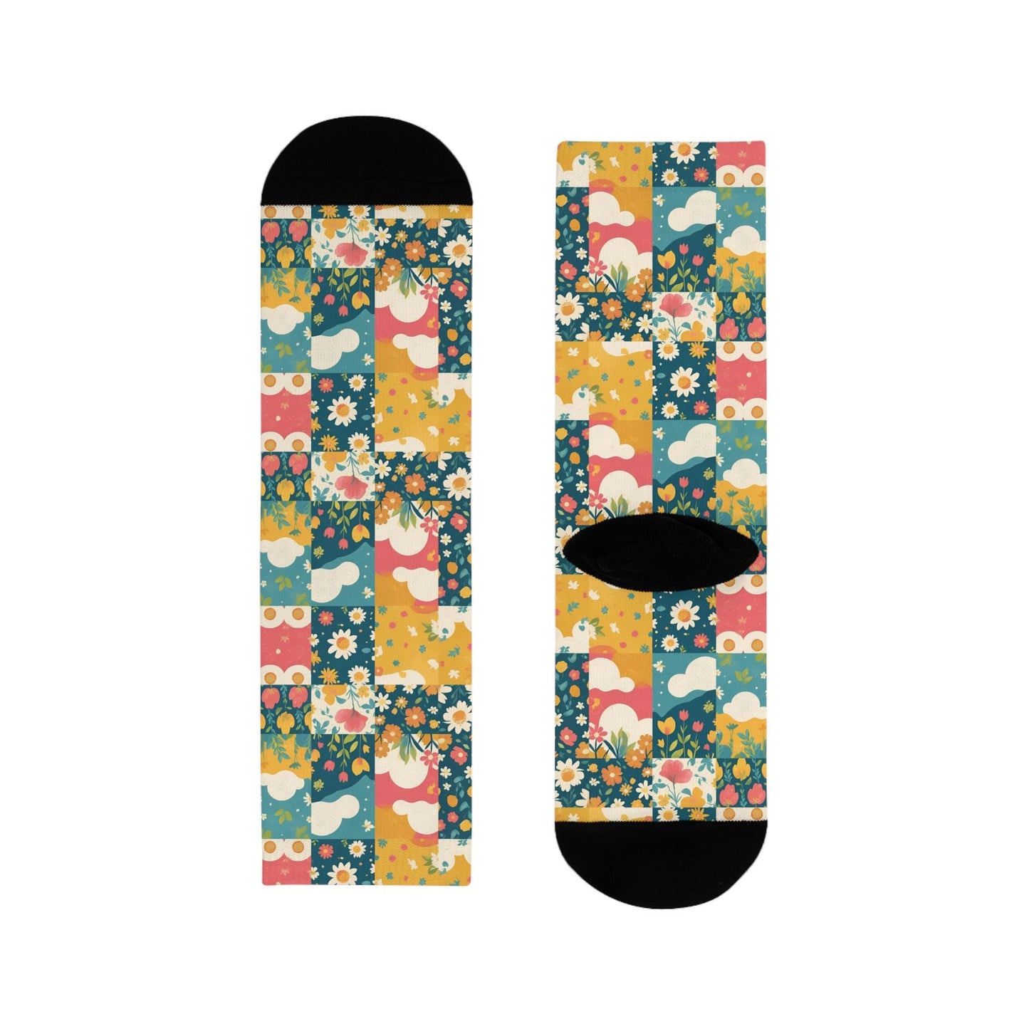 Chaussettes « Floral Patchwork » – crew sublimées, motif fleuri rétro, confort cosy