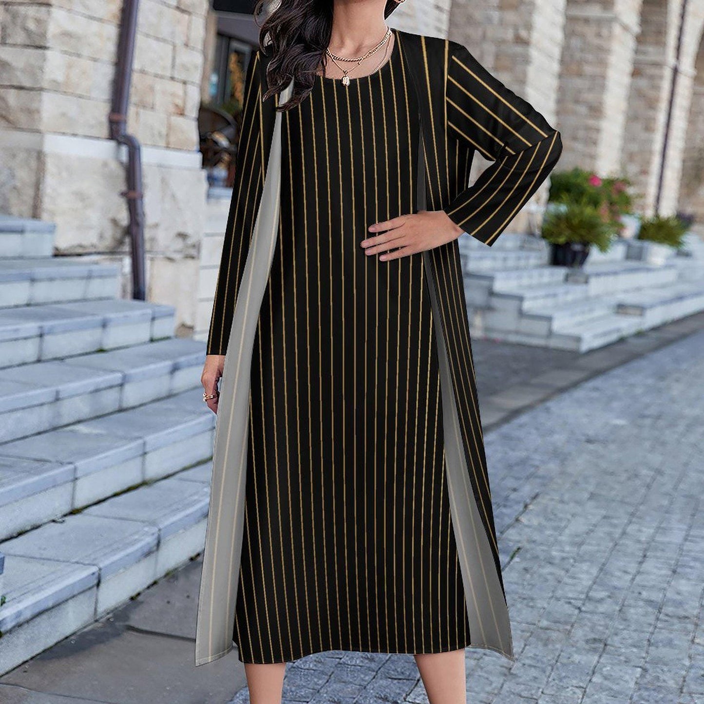Tailles S - 5XL |Ensemble robe & cardigan long | noir à fines rayures dorées | invitée, cocktail, vacances