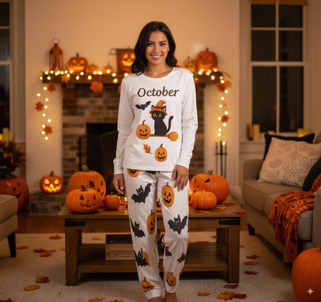 tailles XS - 6XL Pyjama femme octobre Halloween, ensemble deux pièces, pyjama cosy chat noir et citrouilles,