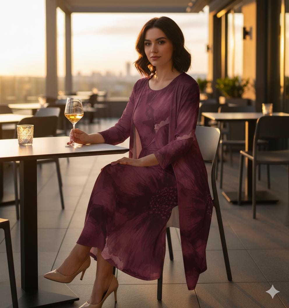 Ensemble 2 pièces S–5XL | Robe longue sans manches + gilet long | Motif floral bordeaux élégant