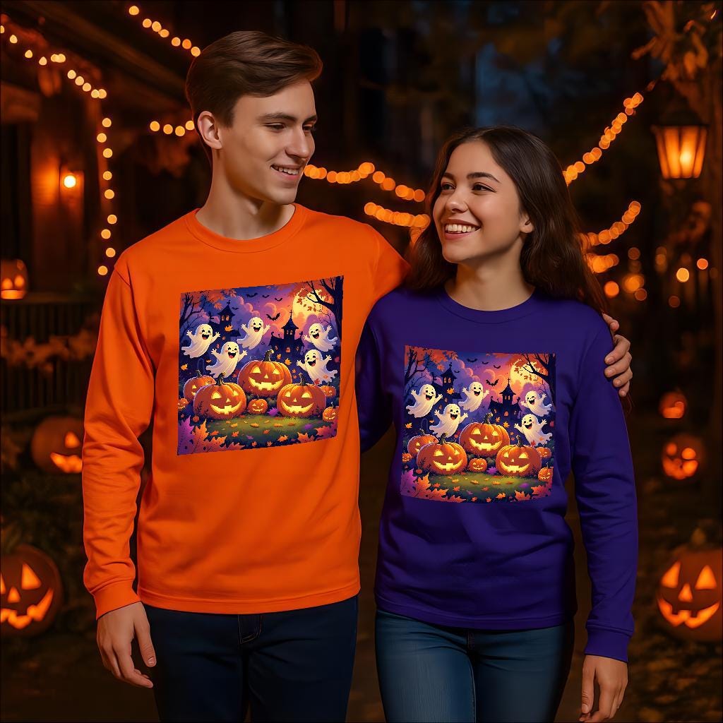T-shirt pour les jeunes Halloween manches longues performance, fantômes & citrouilles