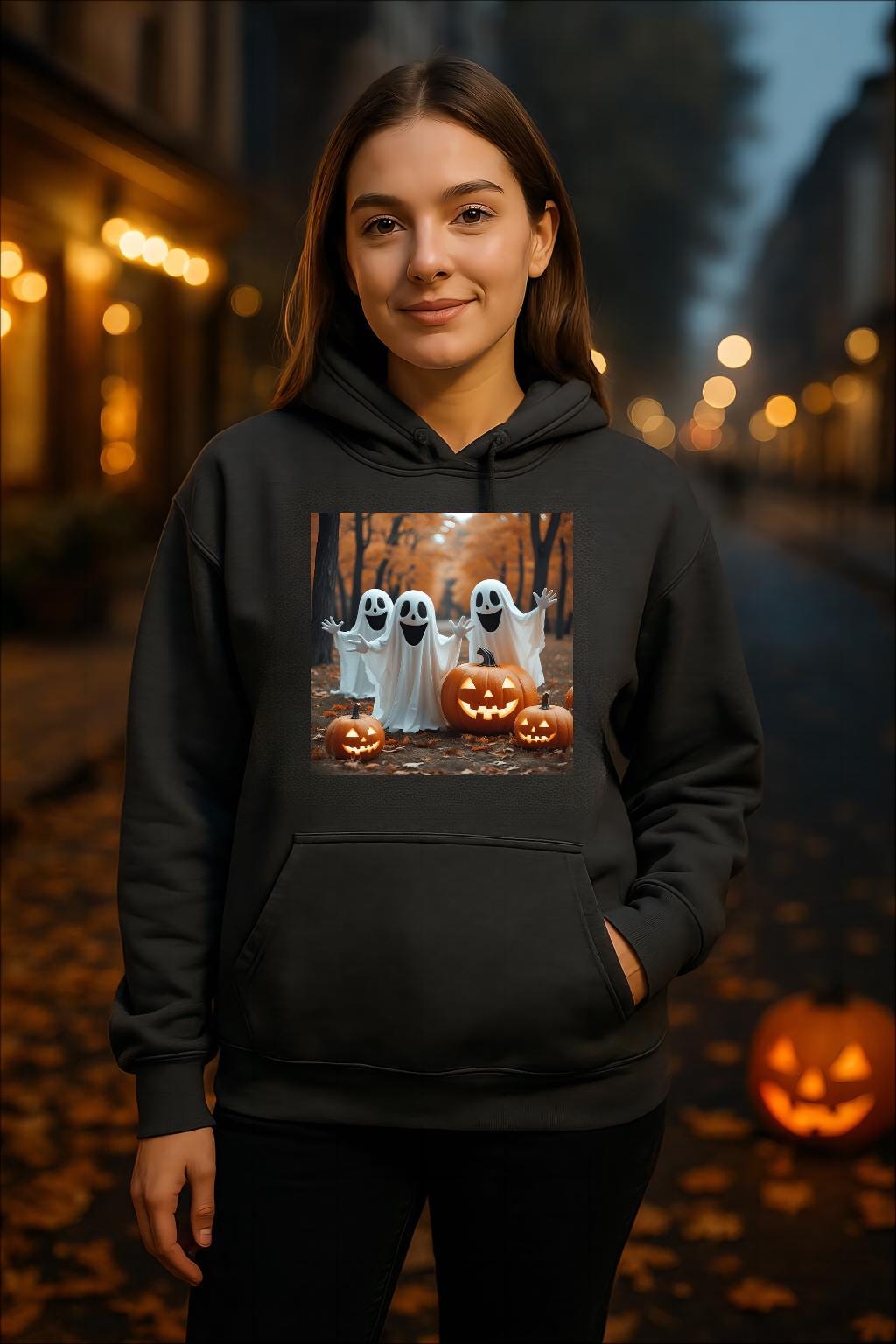Tailles XS–5XL Sweat à capuche unisexe noir d’Halloween avec fantômes et citrouilles, coton mélangé