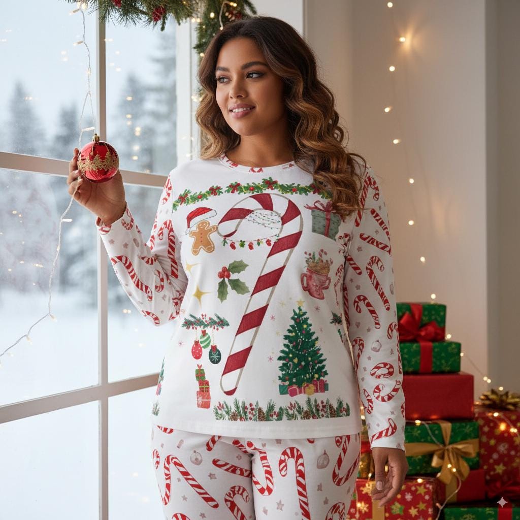 Pyjama de Noël femme bâtons de caramel, ensemble 2 pièces avec sapin et cadeaux Tailles XS–6XL