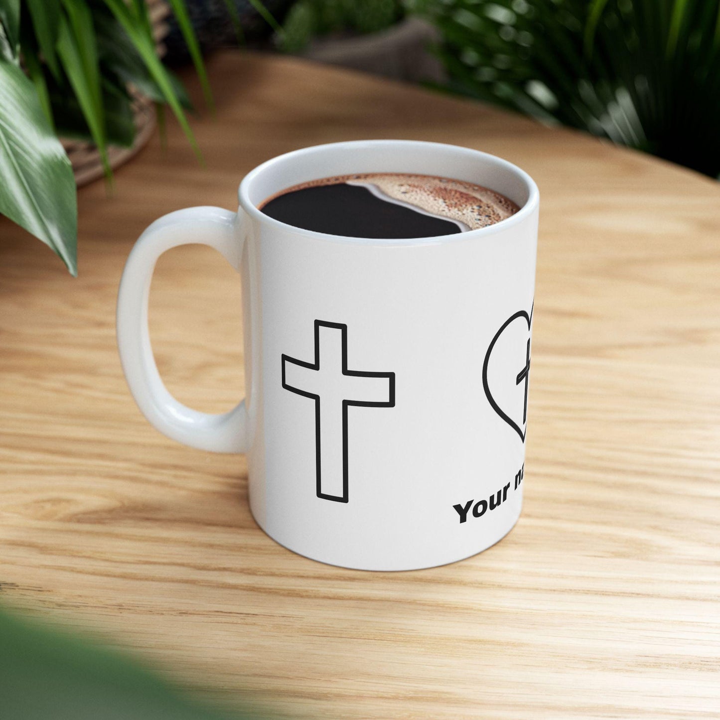 Mug chrétien personnalisable – Cœur et Croix, céramique brillante 11oz/15oz, micro-ondes & lave-vaisselle