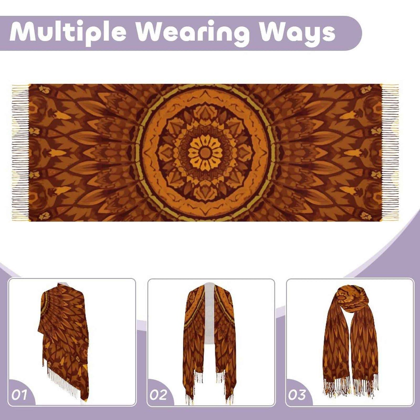 Écharpe à franges effet cachemire, mandala terracotta, grande 200x70 cm, châle doux et léger, cadeau boho automne hiver