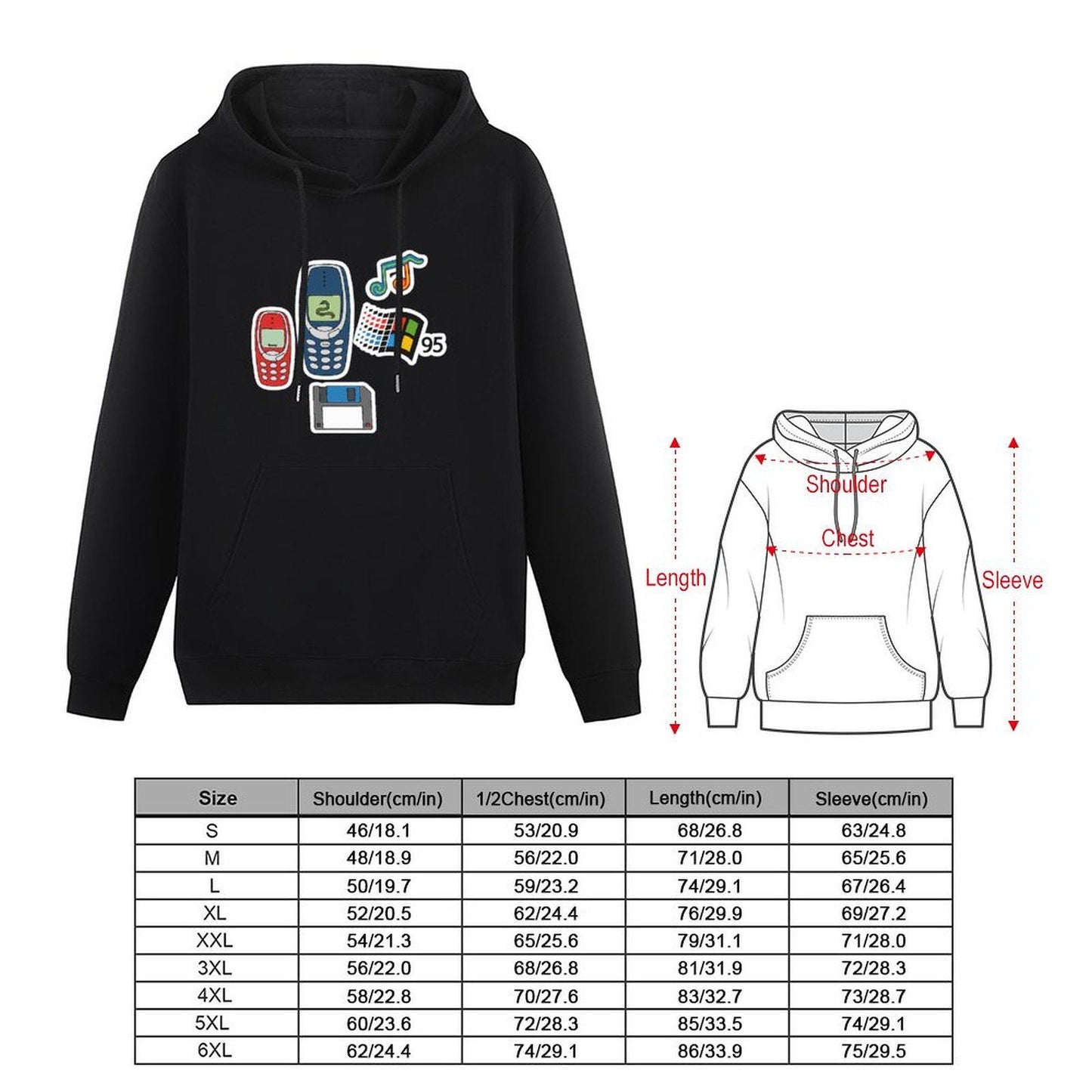 Sudadera con capucha retro nostalgia con serpiente de Nokia, logotipo de Windows 95, disquete y cita divertida, tallas S - 6XL