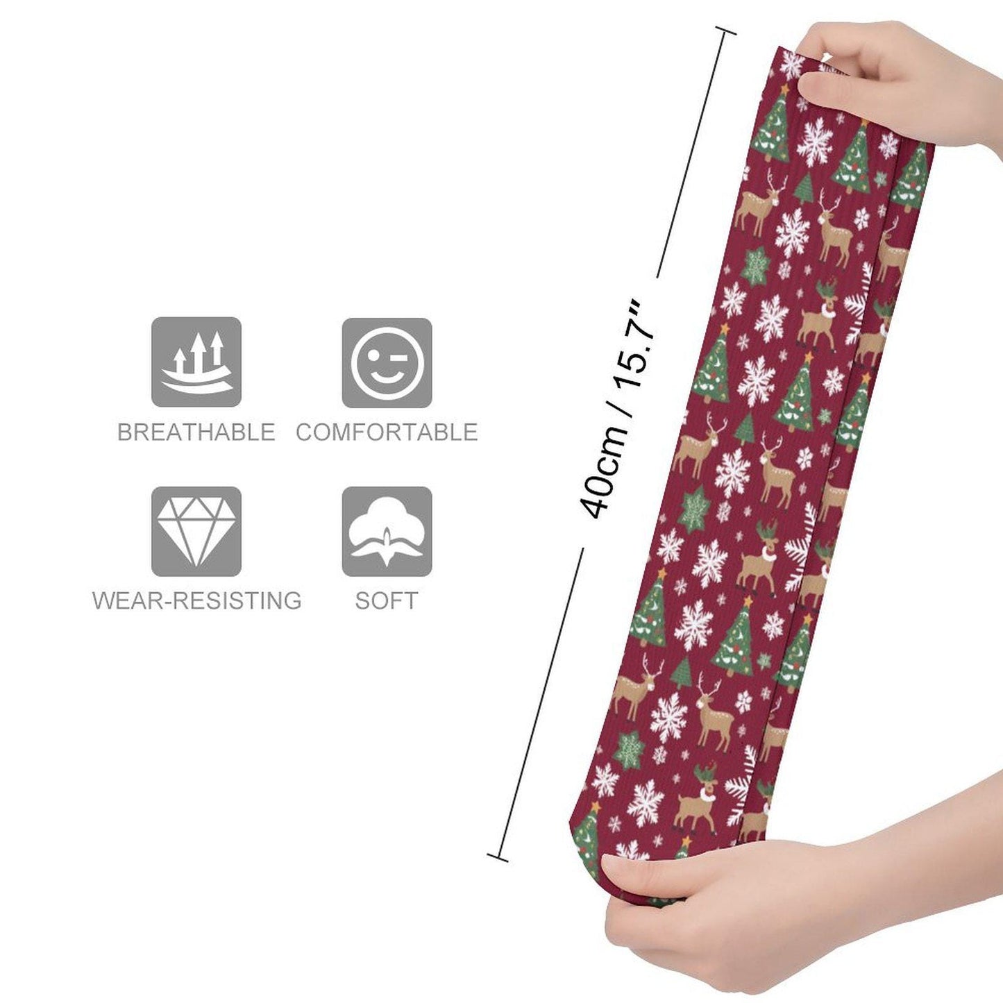 Chaussettes montantes bordeaux Noël | Rennes, flocons et sapins | Respirantes & stretch | Mode inclusive Big Smiles