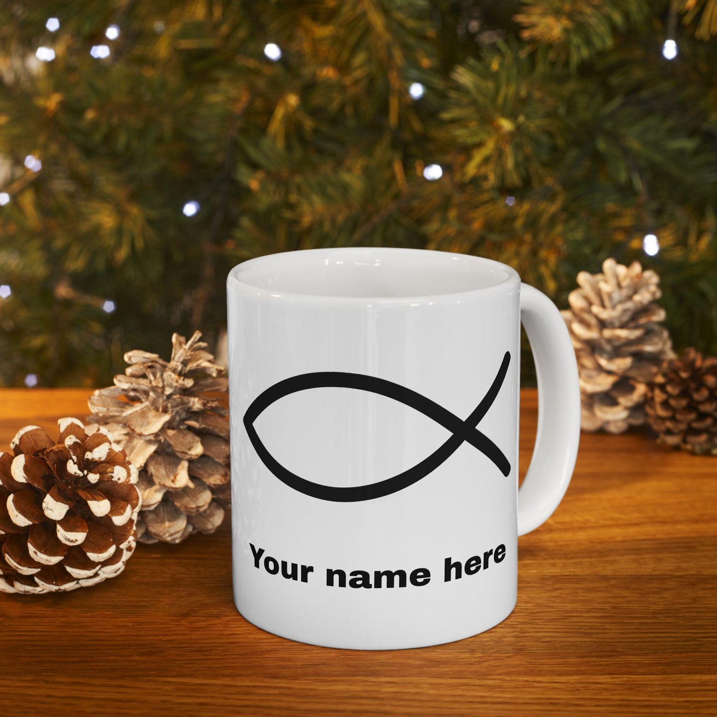 Mug chrétien personnalisable Ichthys – céramique brillante, 11oz/15oz, micro-ondes & lave-vaisselle