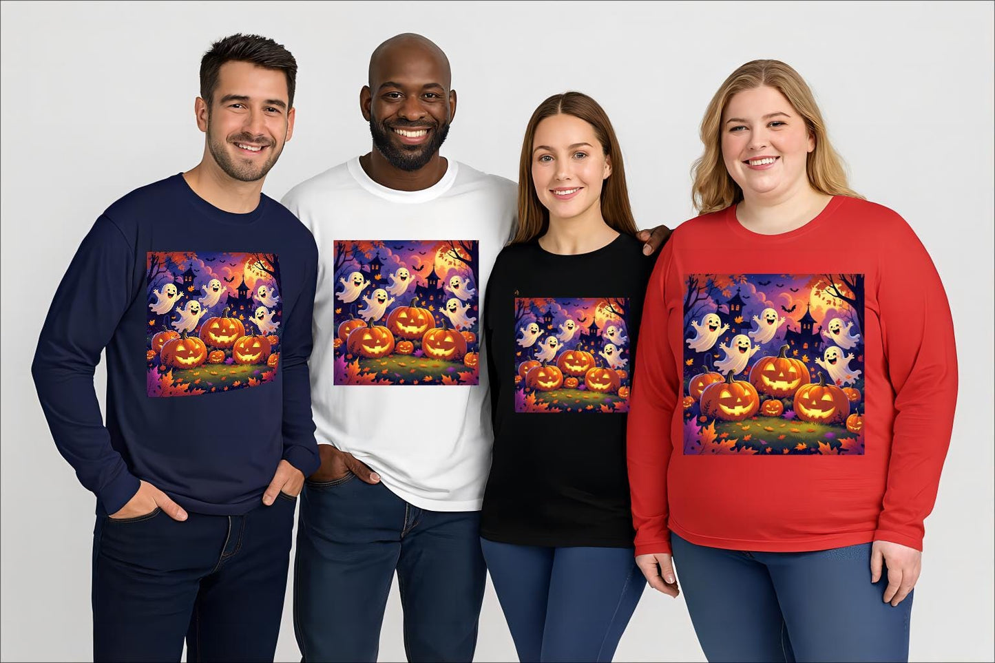 Tailles S–5XL T-shirt unisexe performance Halloween manches longues, fantômes & citrouilles, polyester