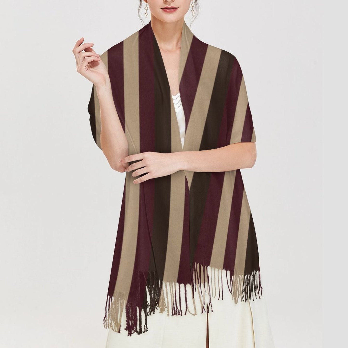 Écharpe à franges façon cachemire – imprimé intégral bordeaux & beige | Big Smiles