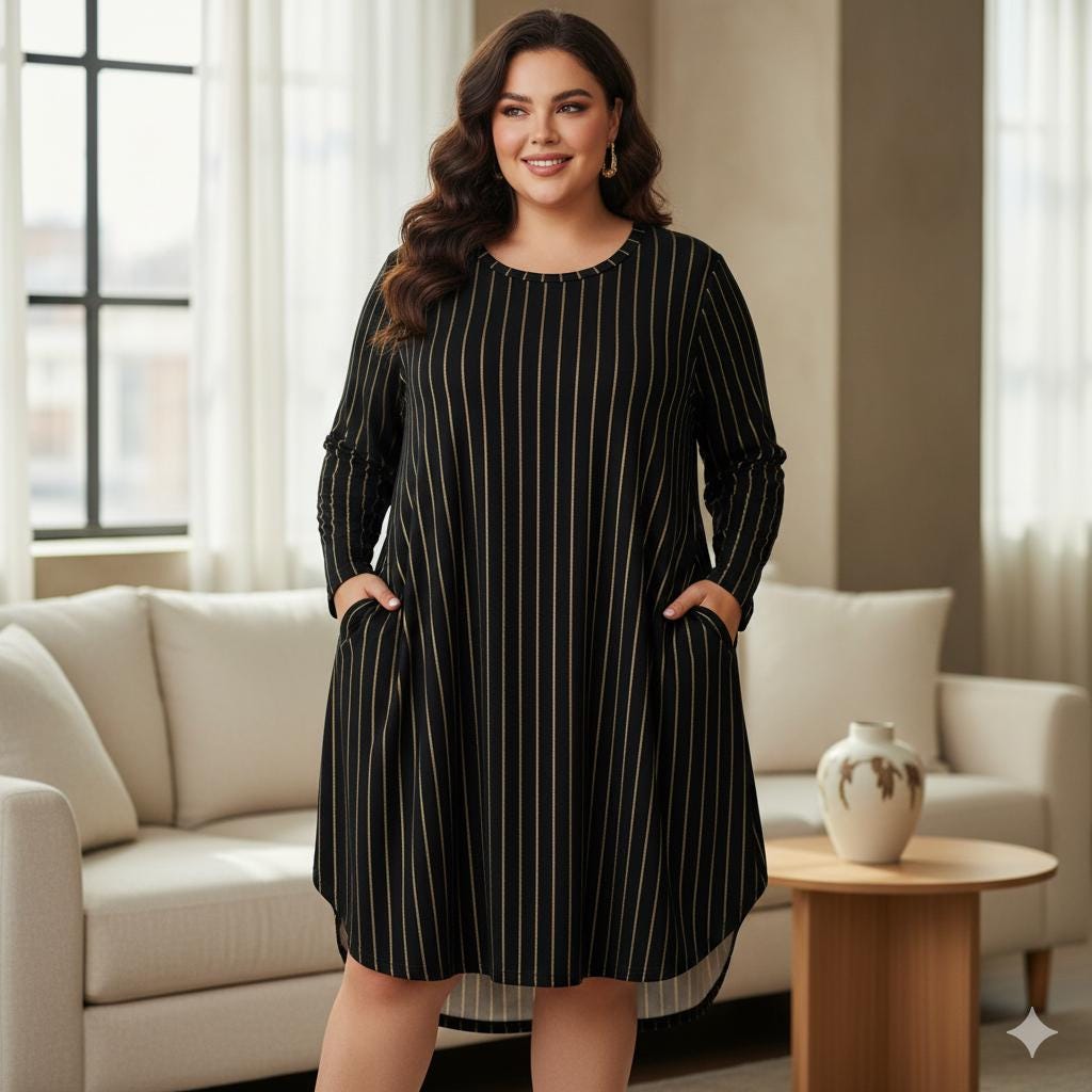 tailles S - 5XL Robe ample manches longues avec poches | noir à fines rayures dorées | imprimé intégral