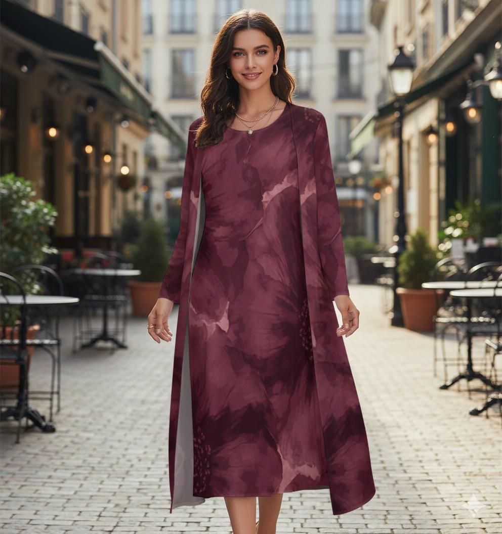 Ensemble 2 pièces S–5XL | Robe longue sans manches + gilet long | Motif floral bordeaux élégant