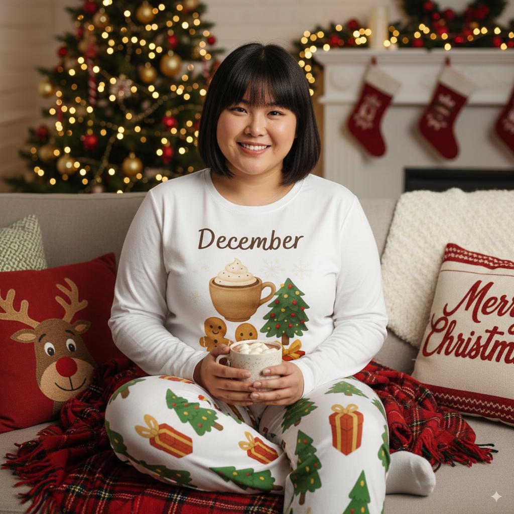 Pyjama de Noël femme décembre, ensemble 2 pièces, pain d’épices, sapin et cadeau Tailles XS–6XL