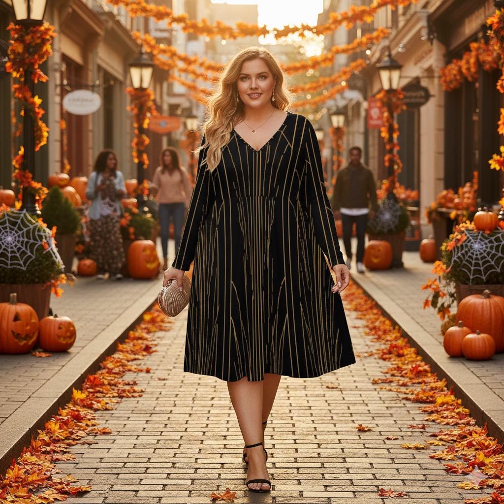 Du S au 8XL - Robe élégante grande taille noire et dorée à col V et manches longues | Imprimé intégral | Big Smiles