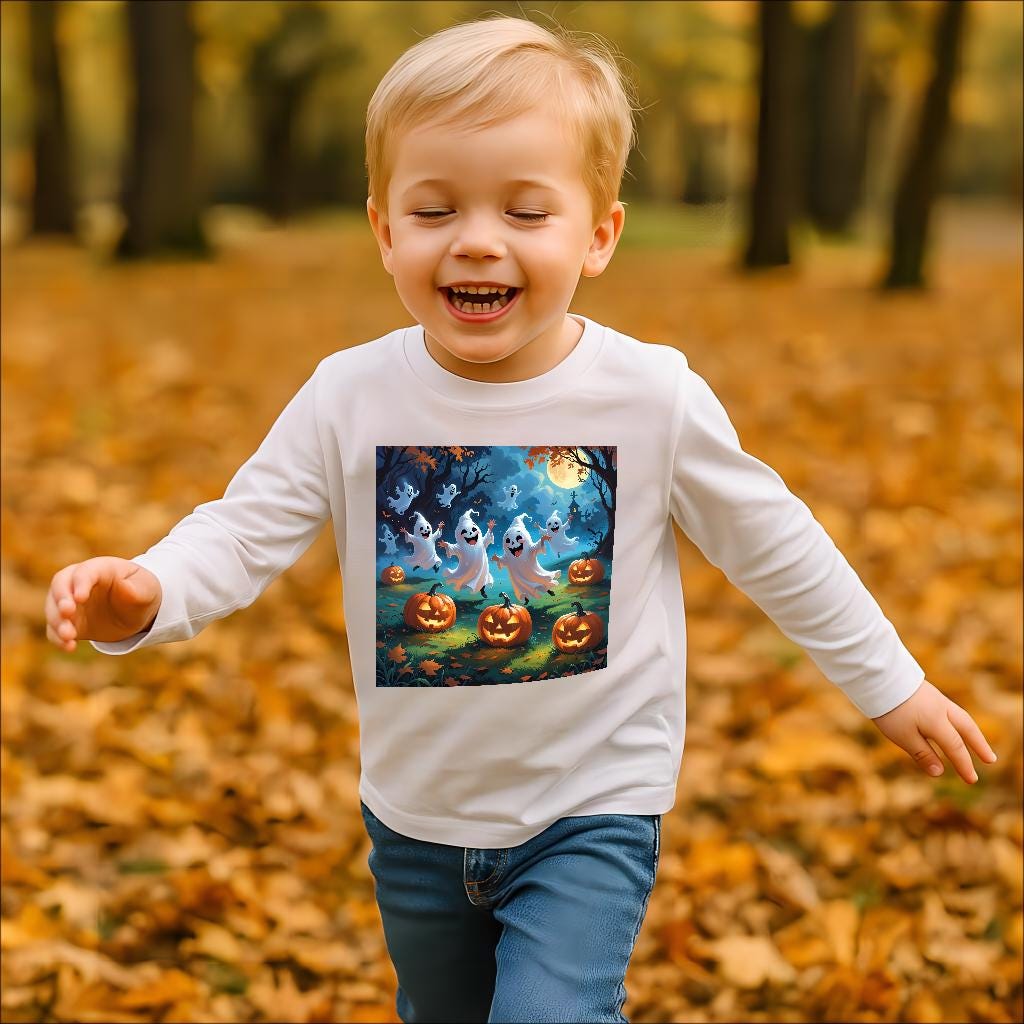 T-shirt Halloween enfant (toddler) manches longues, fantômes & citrouilles, coton
