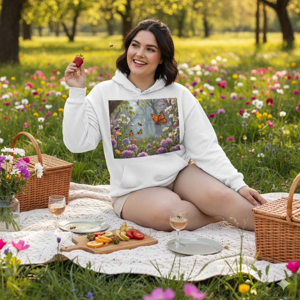 Sudadera unisex con diseño de mariposas y jardín, tallas XS a 5XL | Sudadera con estampado floral botánico para campus | Top con estética primaveral | Regalo de graduación |