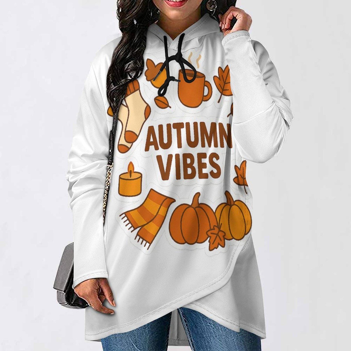 Tallas S - 5XL Poncho blanco Autumn Vibes, sudadera con capucha de manga larga para mujer, dobladillo irregular, estilo casual de otoño,