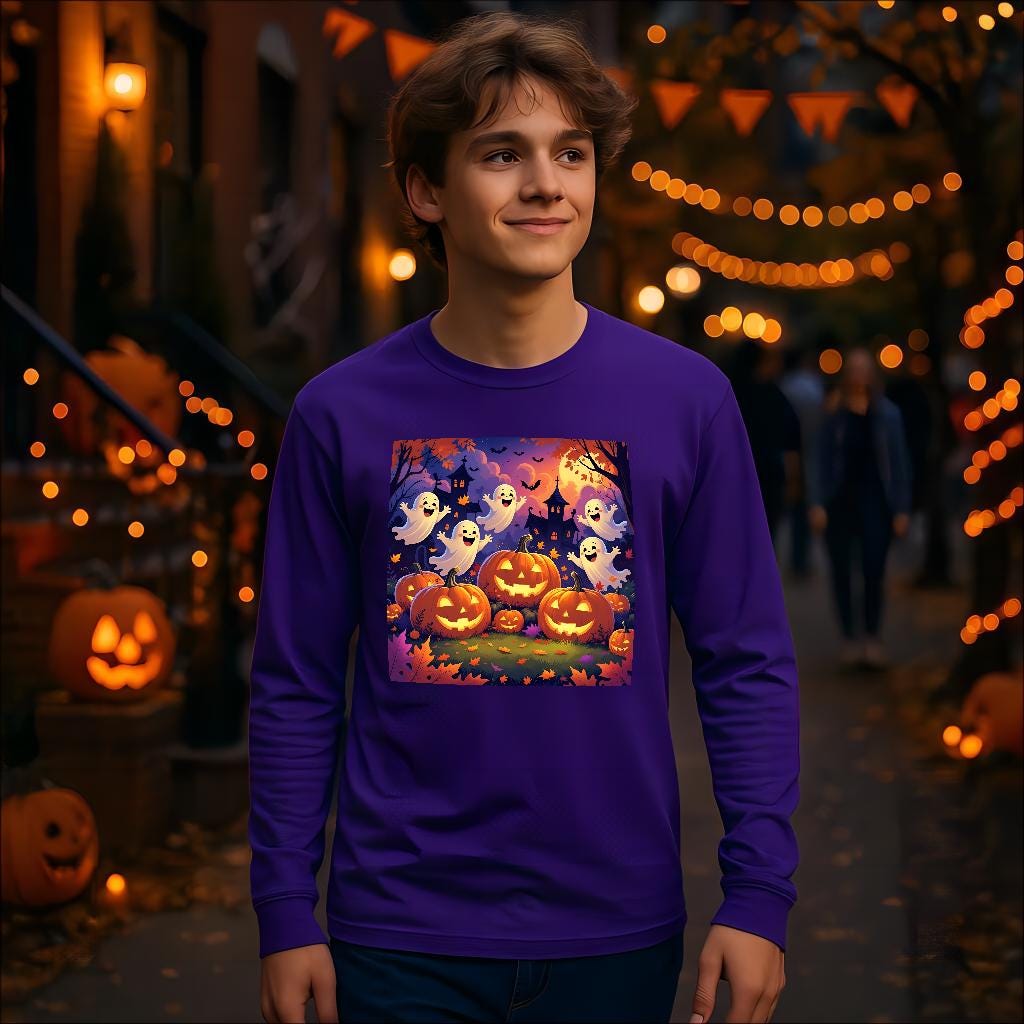 T-shirt pour les jeunes Halloween manches longues performance, fantômes & citrouilles