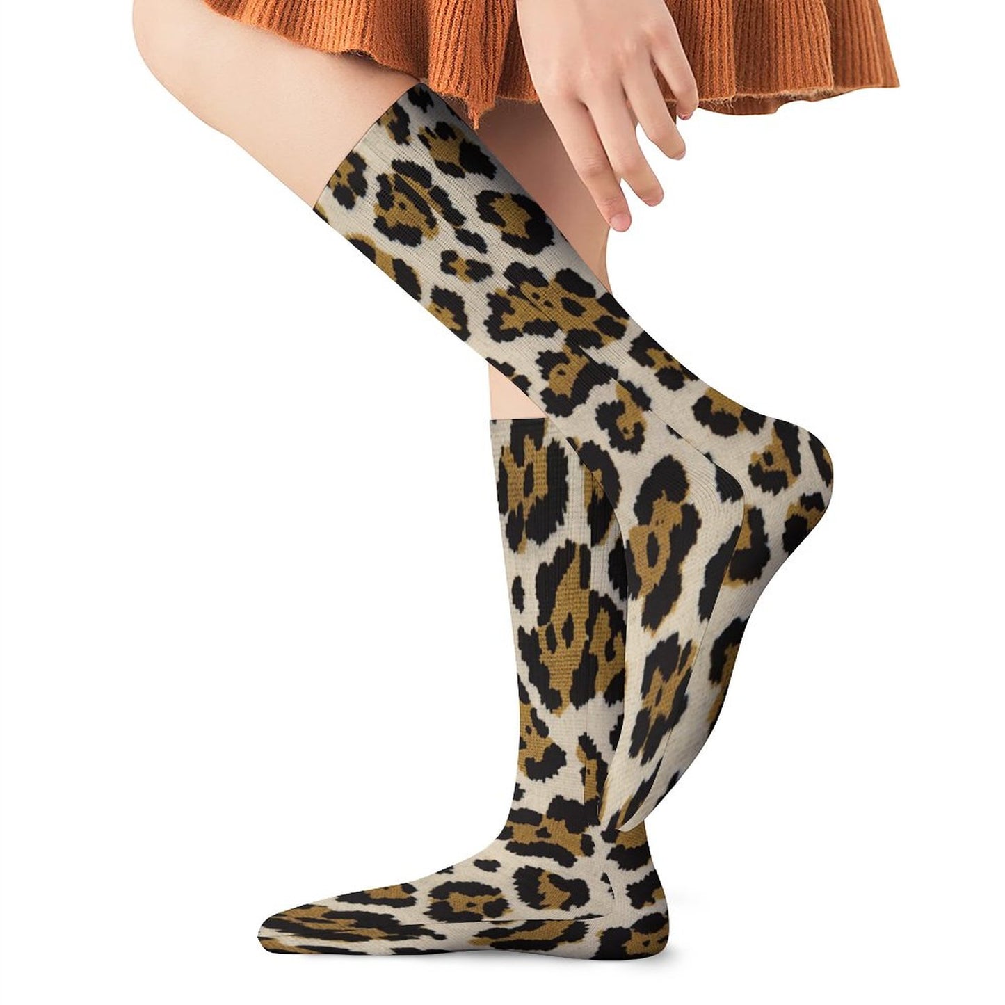 Chaussettes montantes léopard beige – respirantes, anti-glisse & confort mollets – impression all-over | Big Smiles