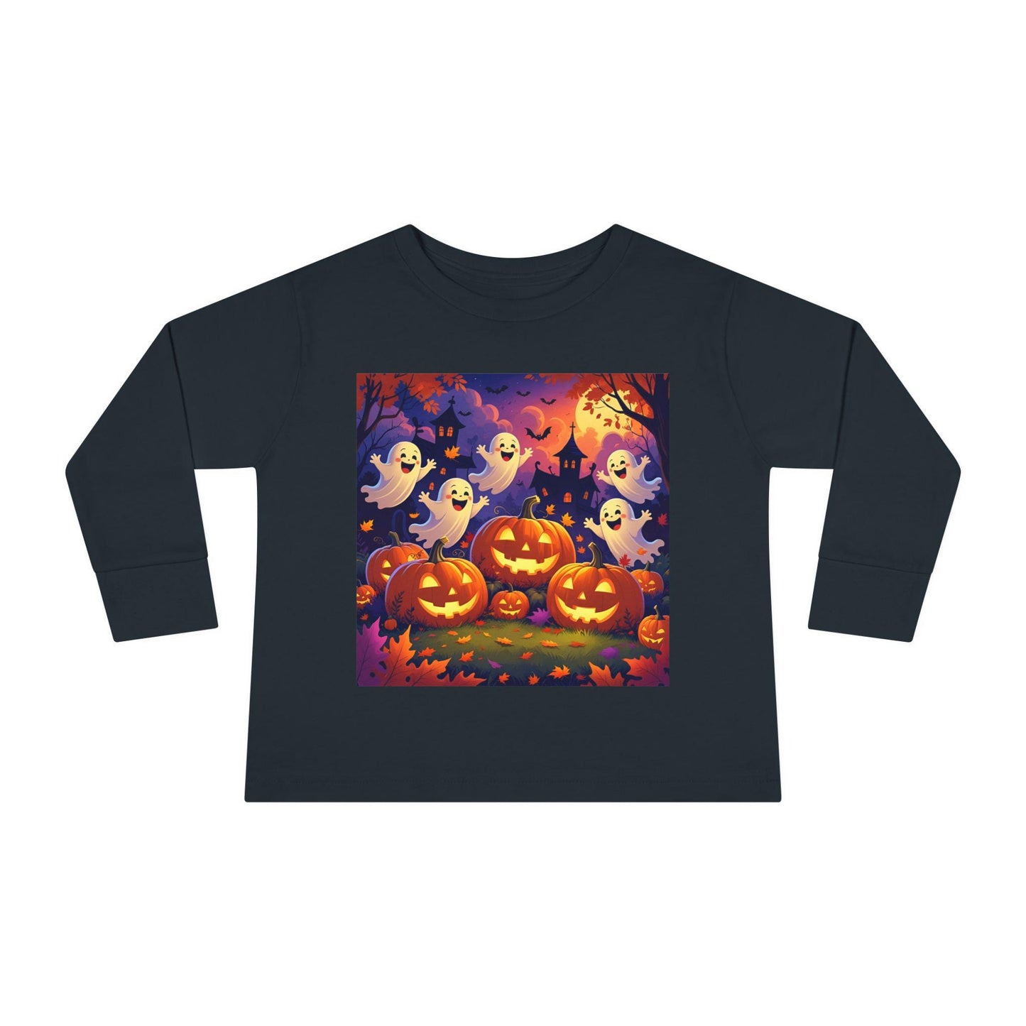 T-shirt enfant Halloween manches longues, fantômes & citrouilles, tissu doux