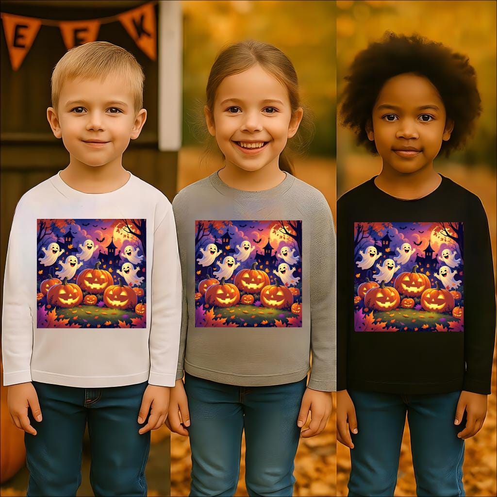 T-shirt enfant Halloween manches longues, fantômes & citrouilles, tissu doux