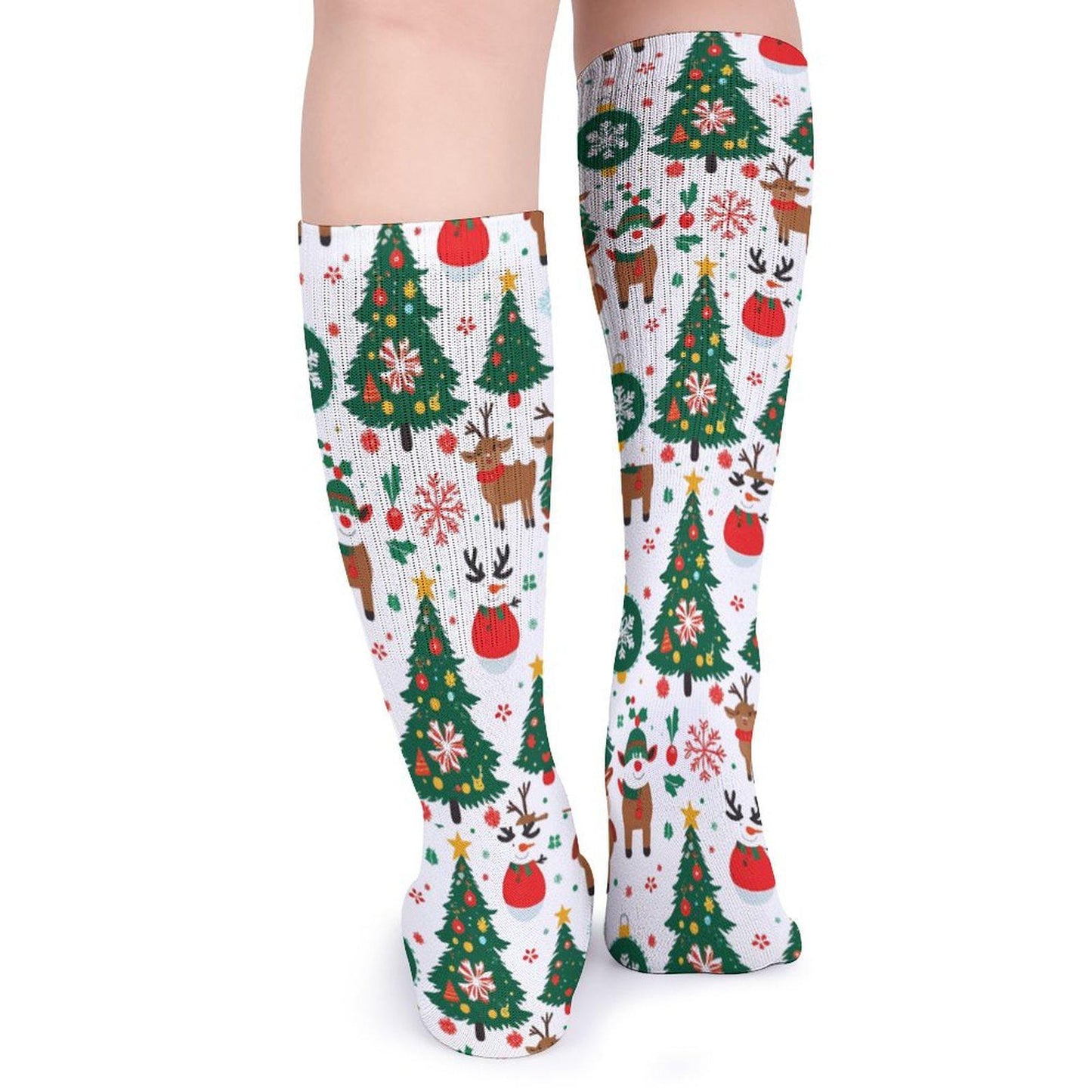 Chaussettes montantes blanches Noël | Rennes, sapins et boules | Respirantes & stretch | Mode inclusive Big Smiles