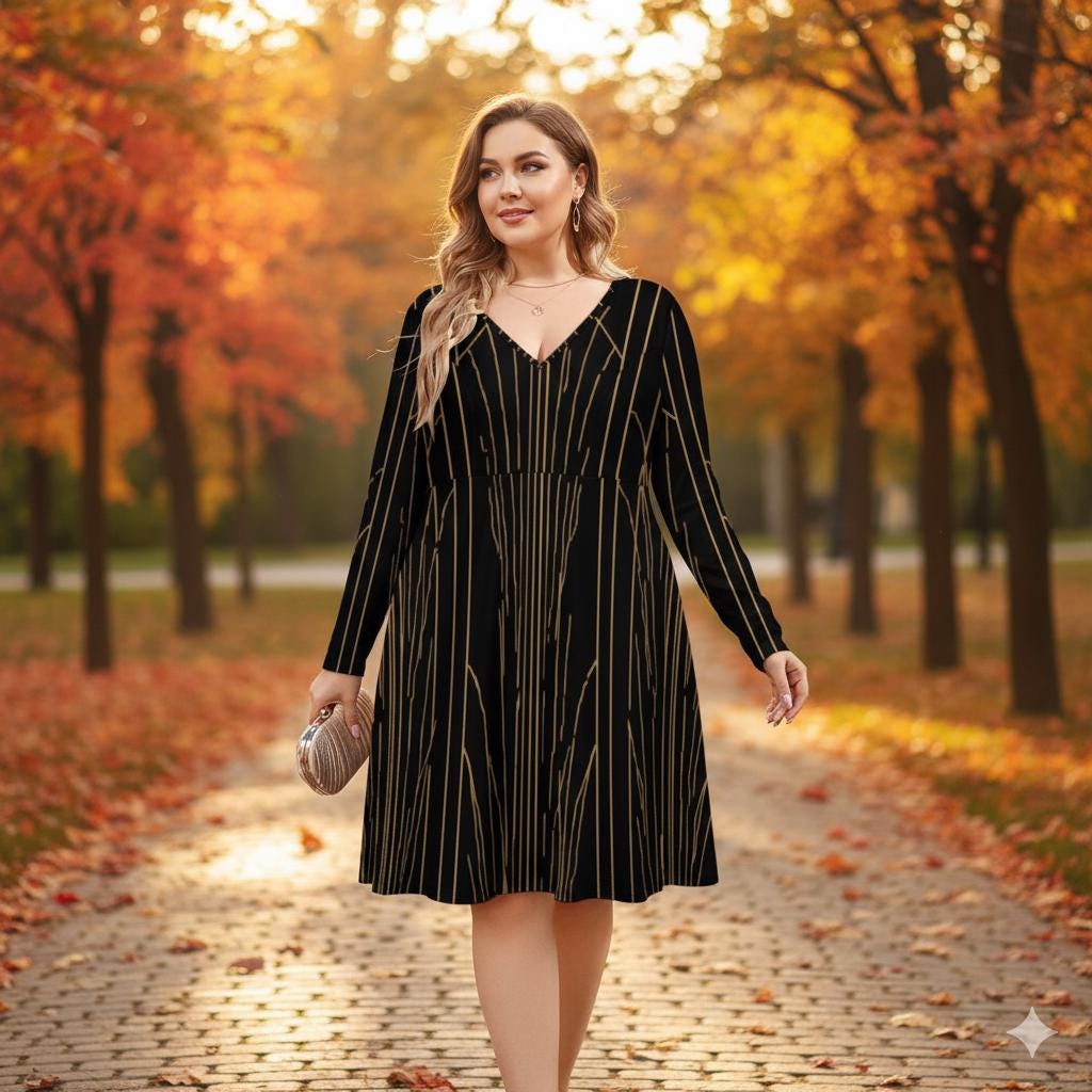 Du S au 8XL - Robe élégante grande taille noire et dorée à col V et manches longues | Imprimé intégral | Big Smiles