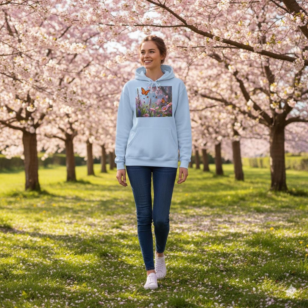 Sudadera unisex con diseño de mariposas y jardín, tallas XS a 5XL | Sudadera botánica floral para campus | Regalo acogedor de primavera | Suéter suave y estético |
