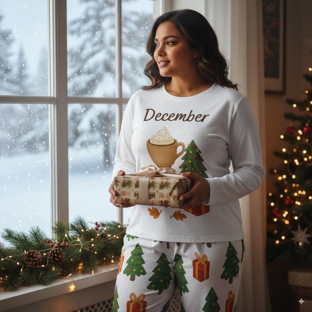 Pyjama de Noël femme décembre, ensemble 2 pièces, pain d’épices, sapin et cadeau Tailles XS–6XL