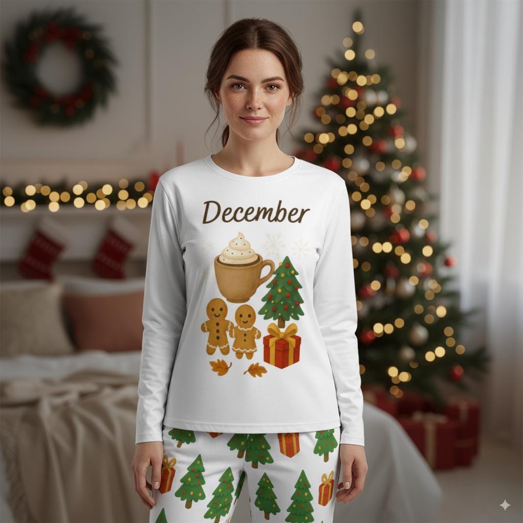 Pyjama de Noël femme décembre, ensemble 2 pièces, pain d’épices, sapin et cadeau Tailles XS–6XL