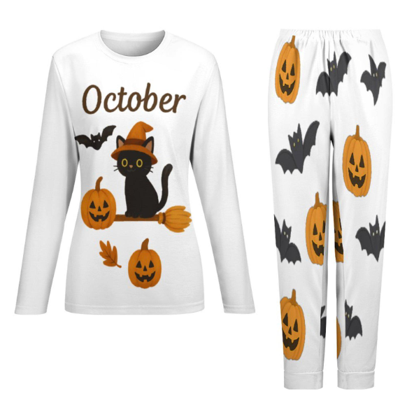 tailles XS - 6XL Pyjama femme octobre Halloween, ensemble deux pièces, pyjama cosy chat noir et citrouilles,
