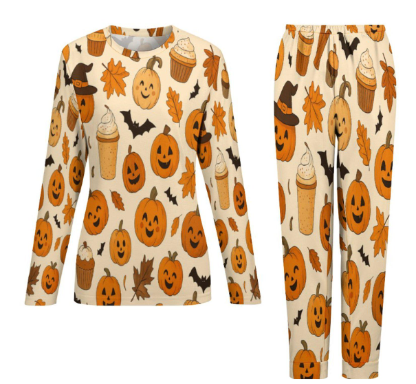 tailles XS - 6XL Pyjama femme Halloween, ensemble deux pièces cosy, motif citrouilles et chauves-souris all-over,