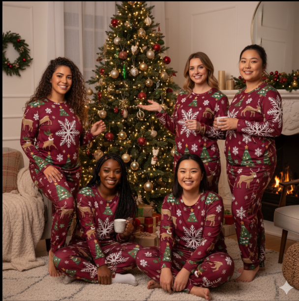 Pyjama de Noël femme 2 pièces | XS–6XL | Bordeaux | Doux, stretch, poches | Big Smiles