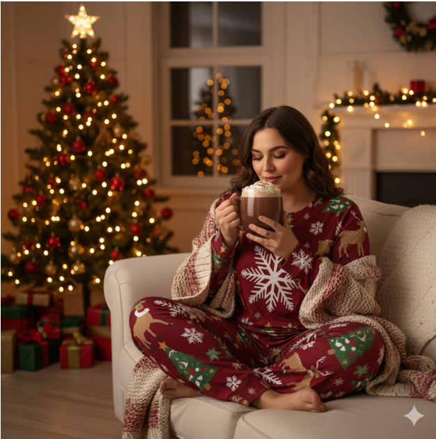 Pyjama de Noël femme 2 pièces | XS–6XL | Bordeaux | Doux, stretch, poches | Big Smiles