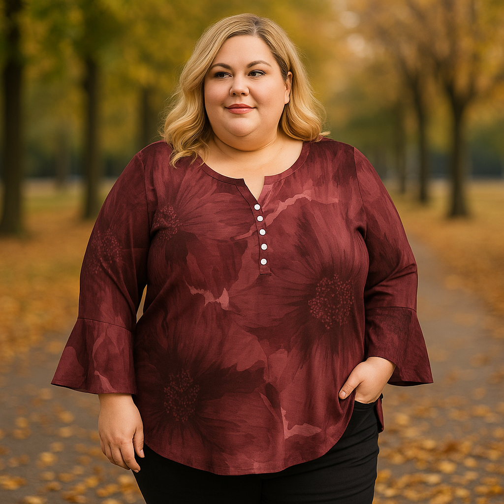 Top femme col V manches 3/4 – imprimé floral bordeaux | Big Smiles