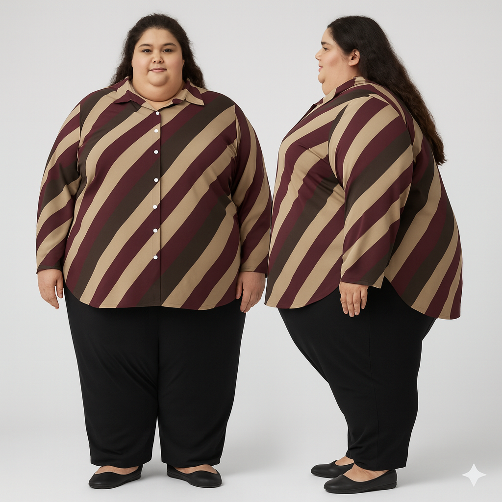 Chemise à ourlet asymétrique – rayures bordeaux, taupe & brun | Big Smiles