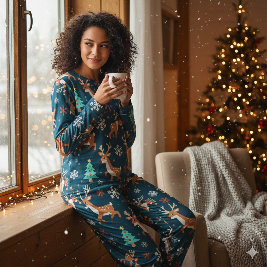 Pyjama de Noël rennes 2 pièces femme | XS–6XL | Doux, stretch, poches | Big Smiles
