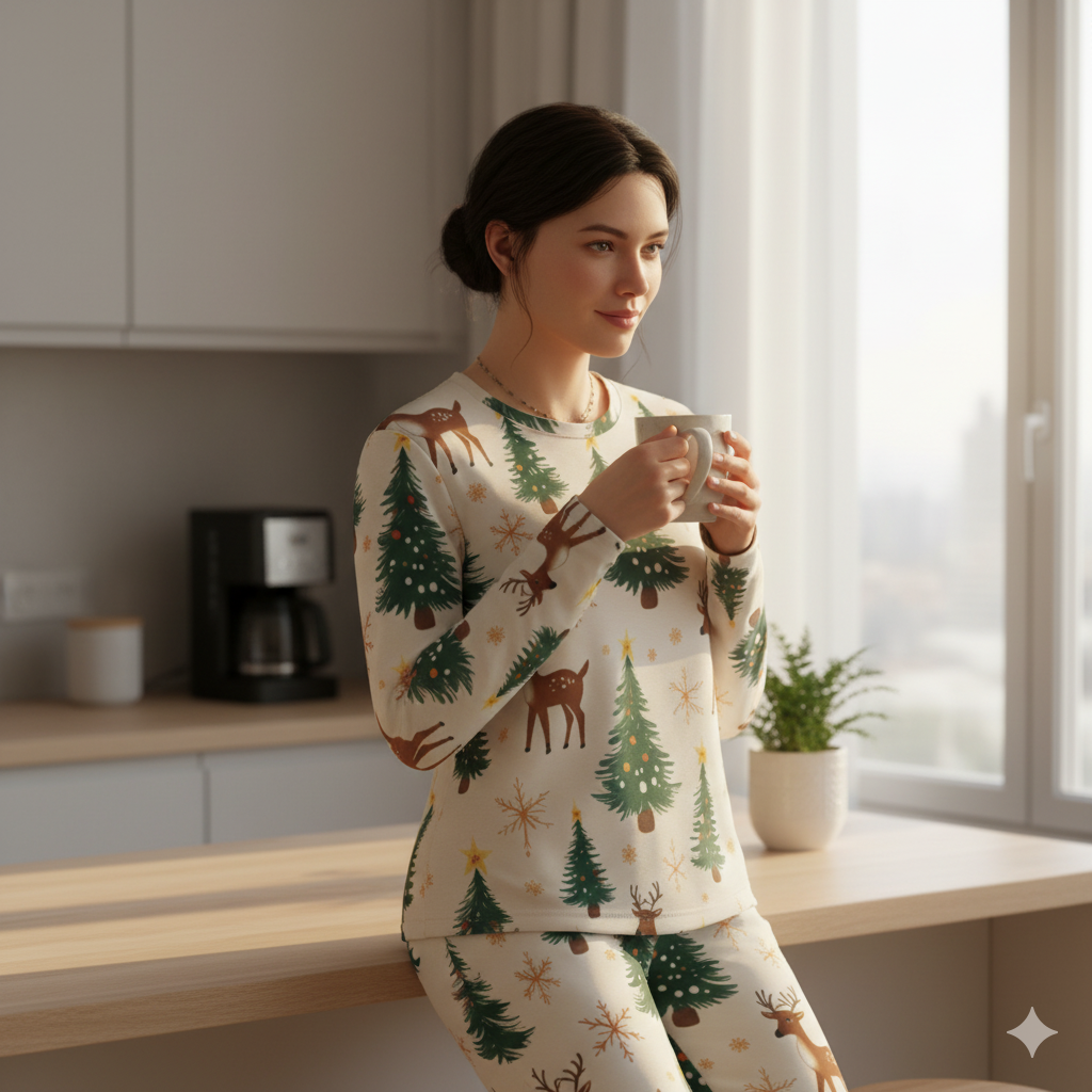 Pyjama de Noël femme 2 pièces | XS–6XL | Doux, stretch, poches | Rennes & sapins | Big Smiles