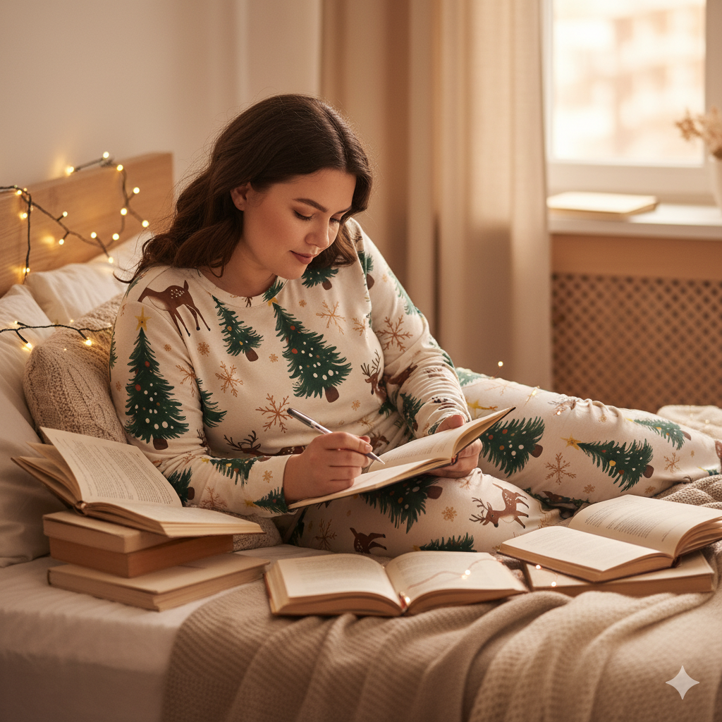 Pyjama de Noël femme 2 pièces | XS–6XL | Doux, stretch, poches | Rennes & sapins | Big Smiles