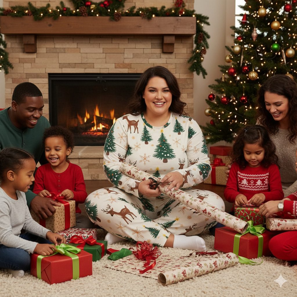 Pyjama de Noël femme 2 pièces | XS–6XL | Doux, stretch, poches | Rennes & sapins | Big Smiles