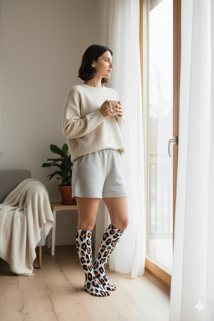 Chaussettes montantes motif léopard – respirantes & confort mollets – impression all-over | Big Smiles