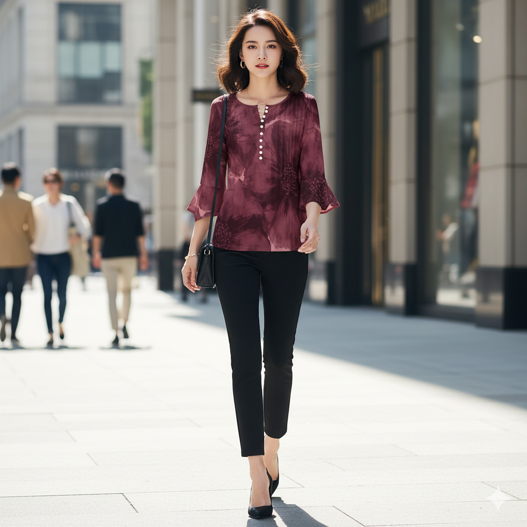 Top femme col V manches 3/4 – imprimé floral bordeaux | Big Smiles