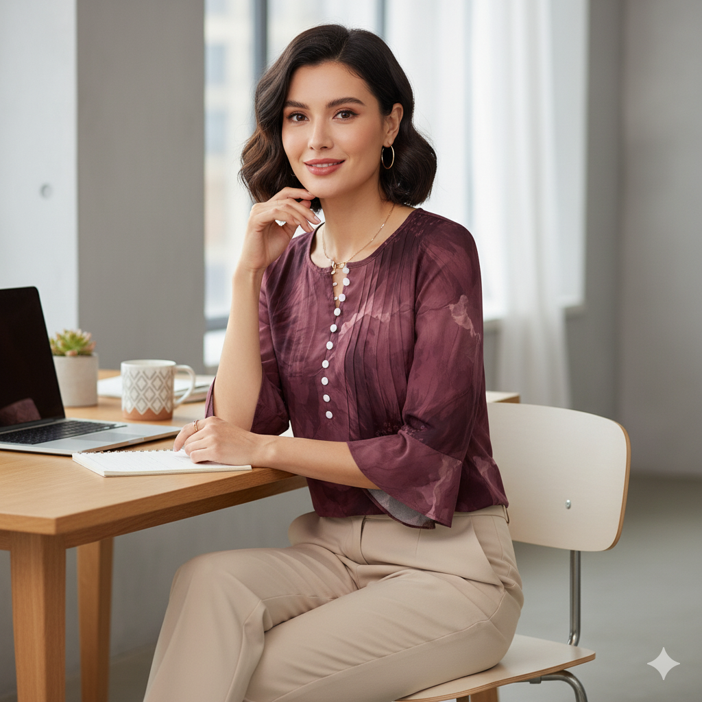 Top femme col V manches 3/4 – imprimé floral bordeaux | Big Smiles