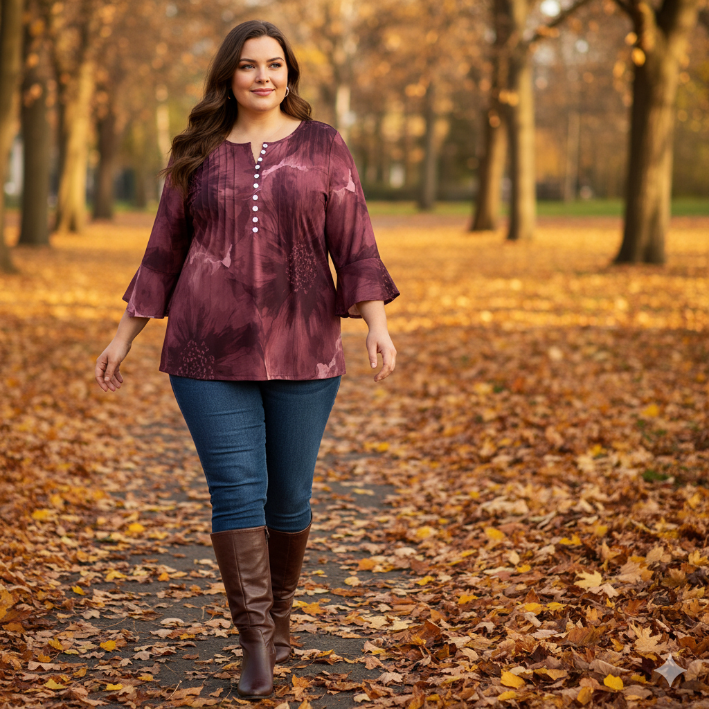 Top femme col V manches 3/4 – imprimé floral bordeaux | Big Smiles