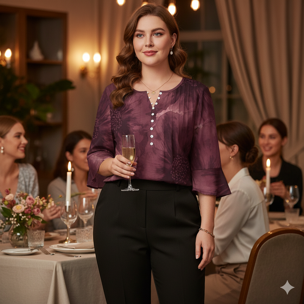 Top femme col V manches 3/4 – imprimé floral bordeaux | Big Smiles