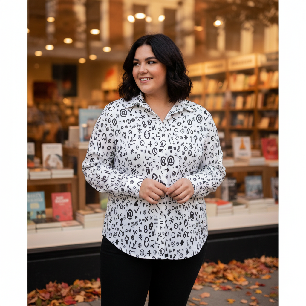 Chemise à ourlet asymétrique – imprimé doodles noir & blanc | Big Smiles