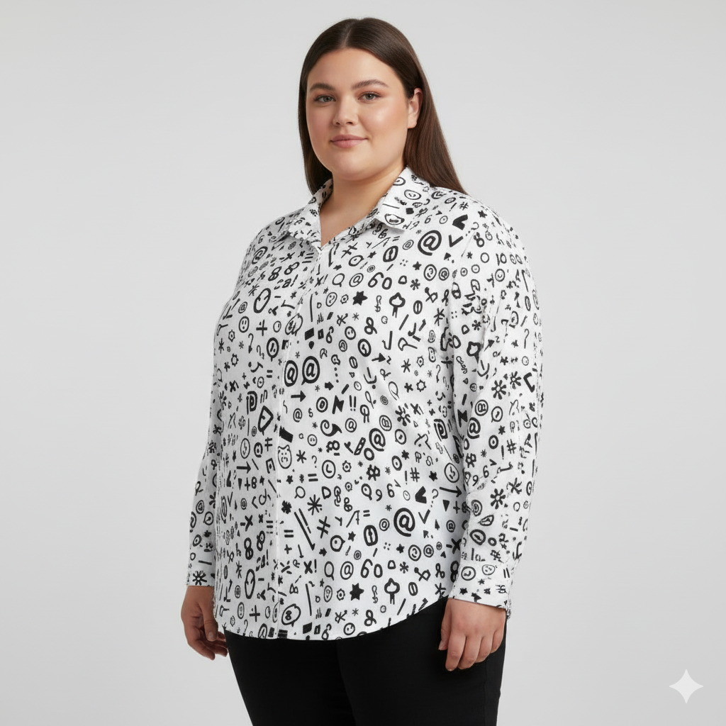 Chemise à ourlet asymétrique – imprimé doodles noir & blanc | Big Smiles