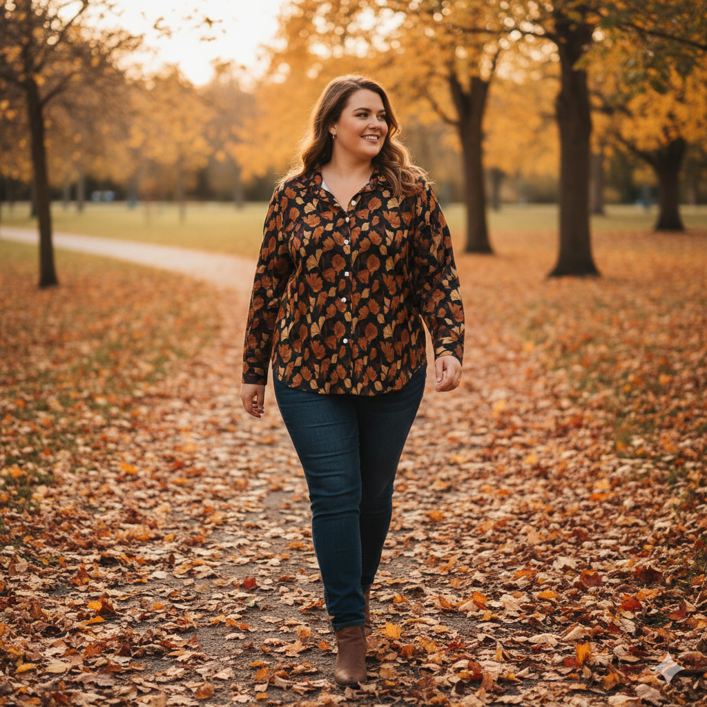Chemise à ourlet asymétrique – imprimé feuilles d’automne | Big Smiles
