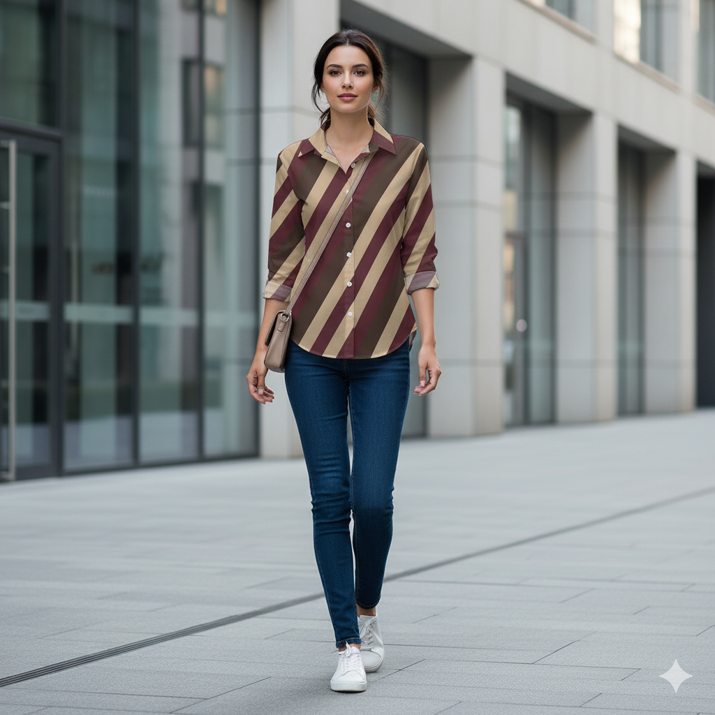 Chemise à ourlet asymétrique – rayures bordeaux, taupe & brun | Big Smiles